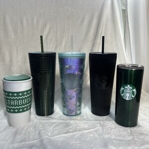 LOT Of 5 Starbucks Holiday / Winter Mugs & Insulated Tumblers With Straws W Lids